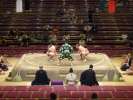 l arbitre, le Gyoji opposer les 2 lutteurs sumo sur le ring en dirigeant un l'&eacute;ventail